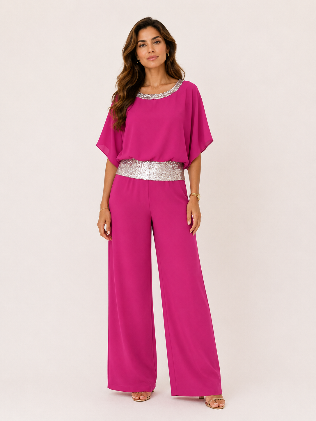 Sequin Batwing Blouse & Pants Set