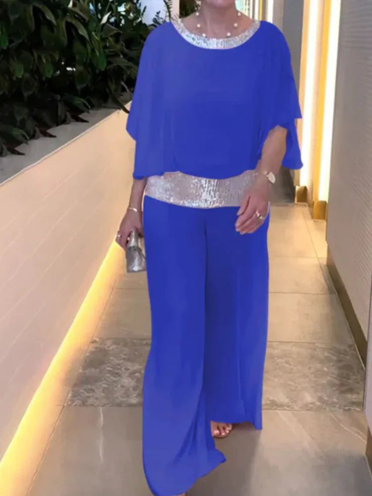 Sequin Batwing Blouse & Pants Set