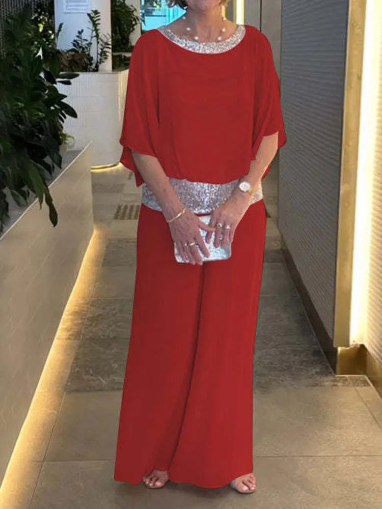 Sequin Batwing Blouse & Pants Set