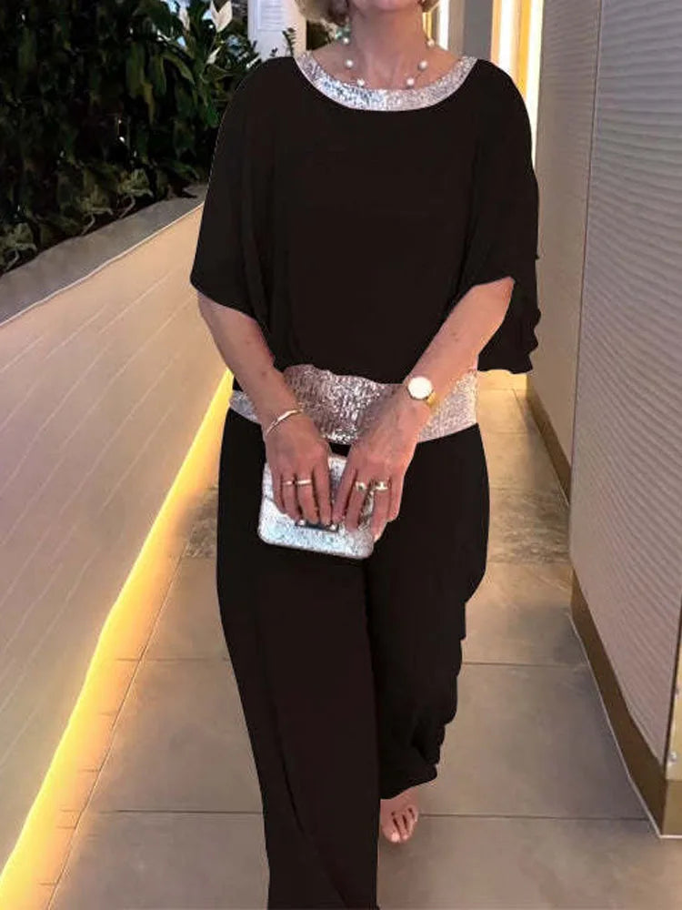 Sequin Batwing Blouse & Pants Set